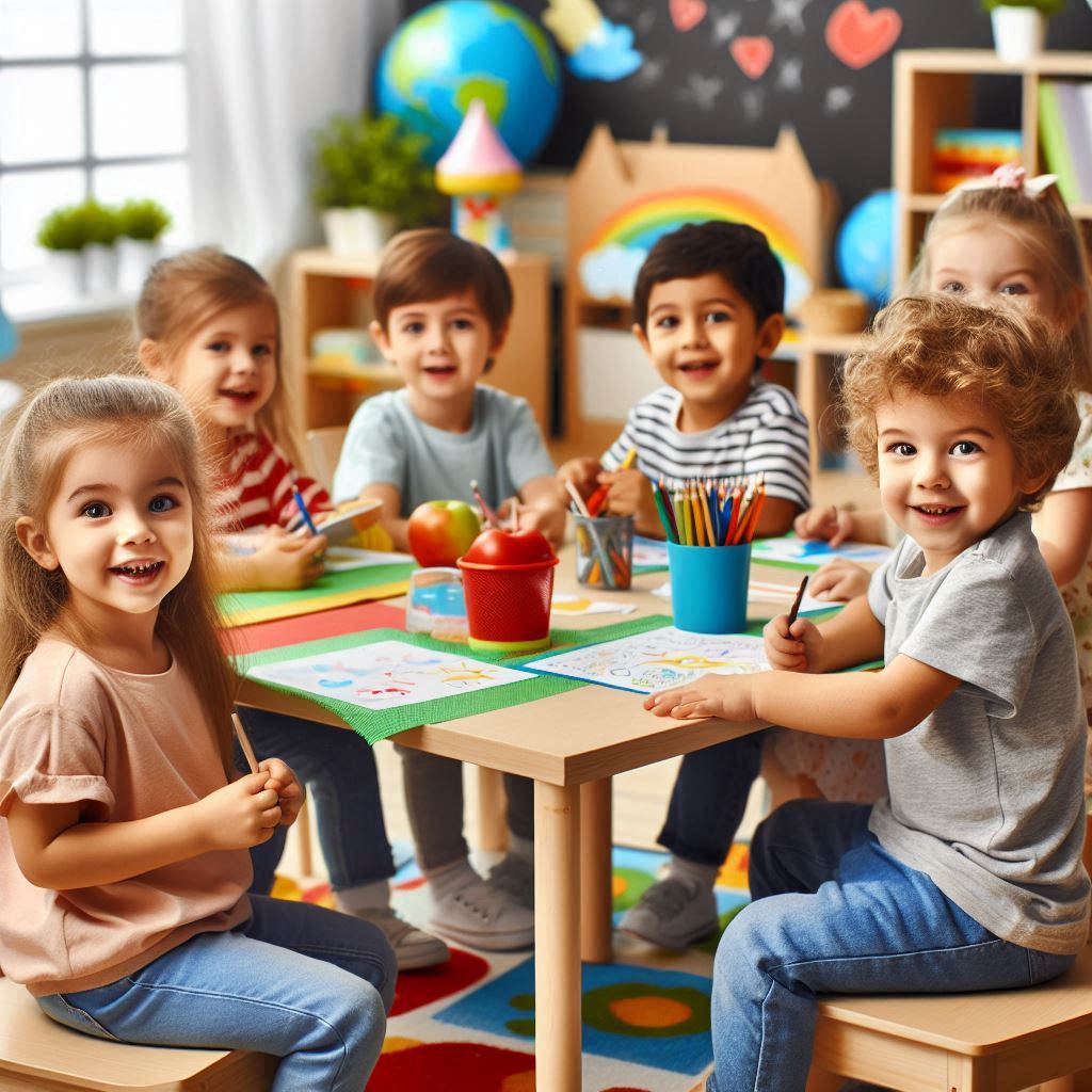 children sitting and having fun in classroom nursery Children are playing